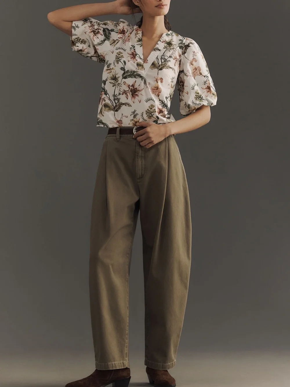 Anthropologie Floral V-Neck Puff-Sleeve Blouse — White with Pink & Green Print